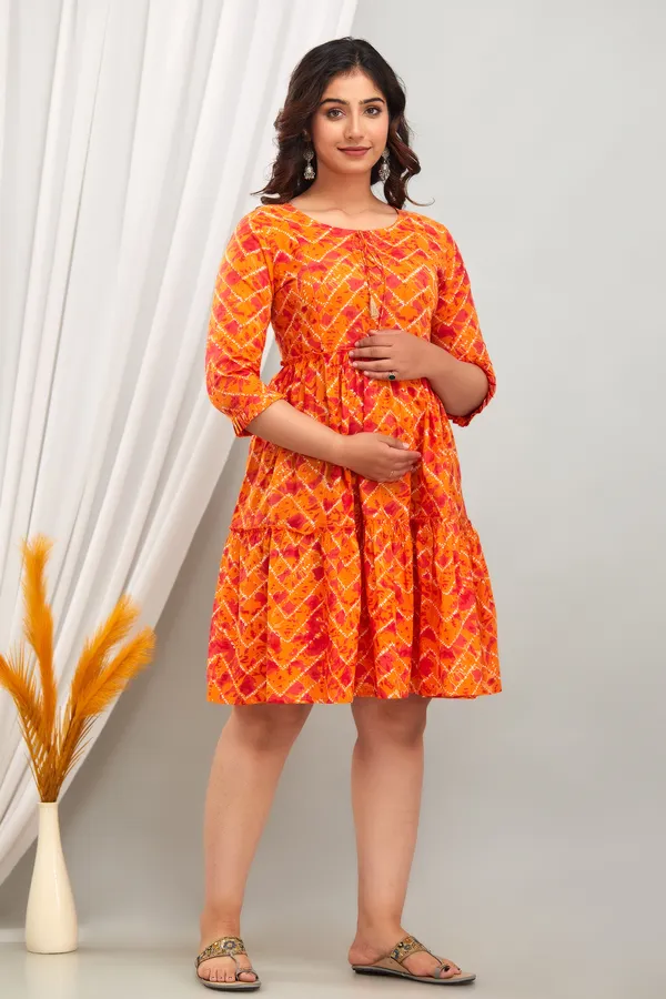 Maternity_Cotton_Orange_Printed_Short_Feeding_Dress
