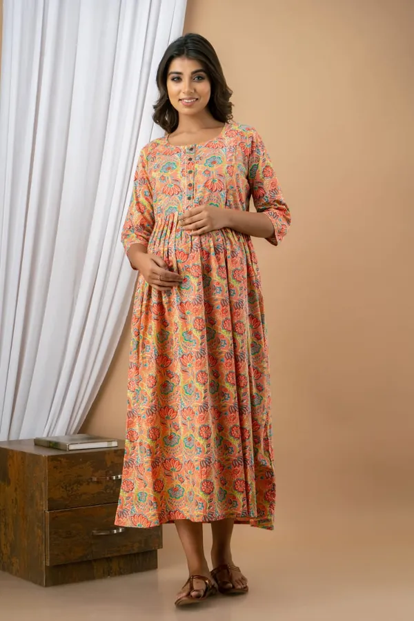 Cotton_Peach_Floral_Printed_Maternity_kurti