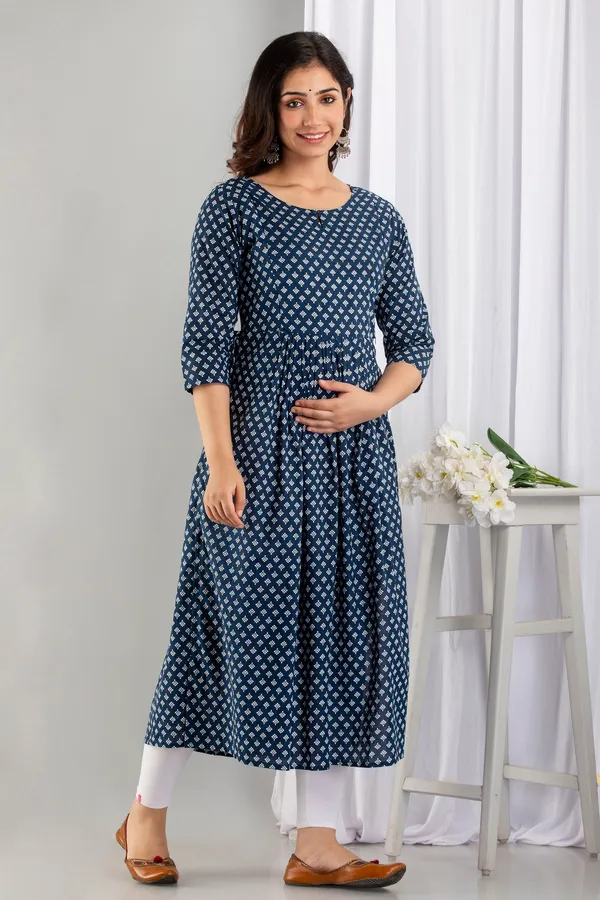 Cotton_Printed_Blue_Butti_Maternity_&_Nursing_Dress