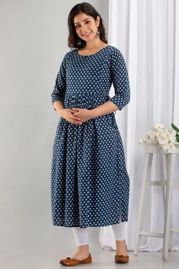 Cotton_Printed_Blue_Butti_Maternity_&_Nursing_Dress