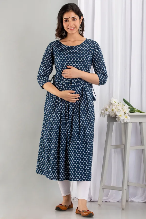 Cotton_Printed_Blue_Butti_Maternity_&_Nursing_Dress