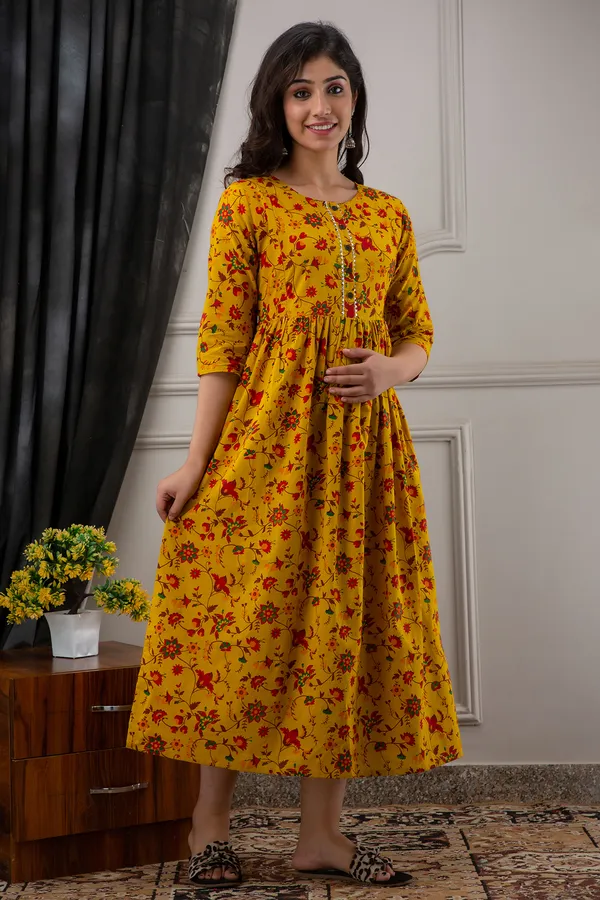 Cotton_Printed_Maternity_Mustard_Dress