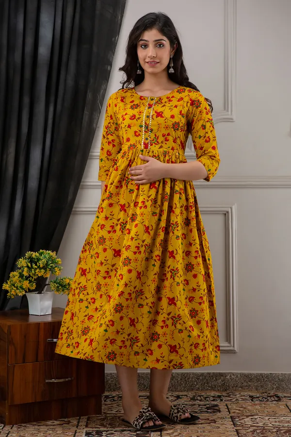 Cotton_Printed_Maternity_Mustard_Dress