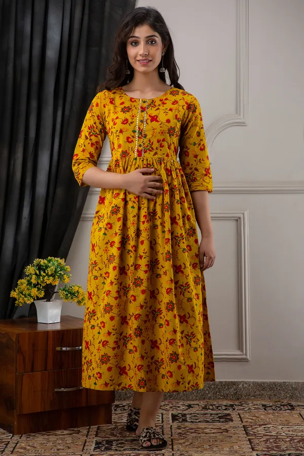Cotton_Printed_Maternity_Mustard_Dress