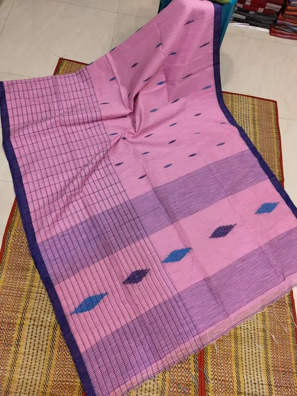 Baby_Pink_Cotton_Silk_Half_Check_Half_Buti_Work_Handloom_Saree_With_Blouse_Piece