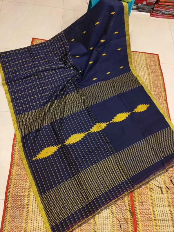 Dark_Blue_Cotton_Silk_Half_Check_Half_Buti_Work_Handloom_Saree_With_Blouse_Piece