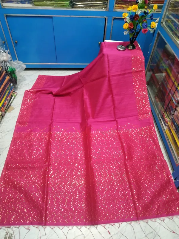 Rani_Pink_Cotton_Silk_Sequin_Work_Handloom_Saree_With_Blouse_Piece