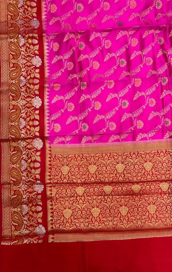 Humairah_Pure_Handloom_Magenta_Dupion_Silk_Floral_Mina_Jaal_with_Contrast_Red_Silver_Mina_Golden_Skirt_Border_and_Red_Blouse