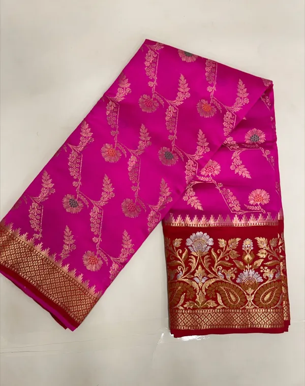 Humairah_Pure_Handloom_Magenta_Dupion_Silk_Floral_Mina_Jaal_with_Contrast_Red_Silver_Mina_Golden_Skirt_Border_and_Red_Blouse