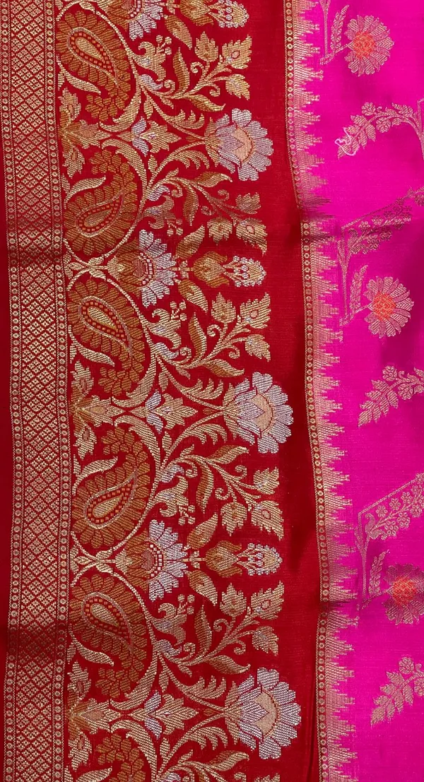 Humairah_Pure_Handloom_Magenta_Dupion_Silk_Floral_Mina_Jaal_with_Contrast_Red_Silver_Mina_Golden_Skirt_Border_and_Red_Blouse