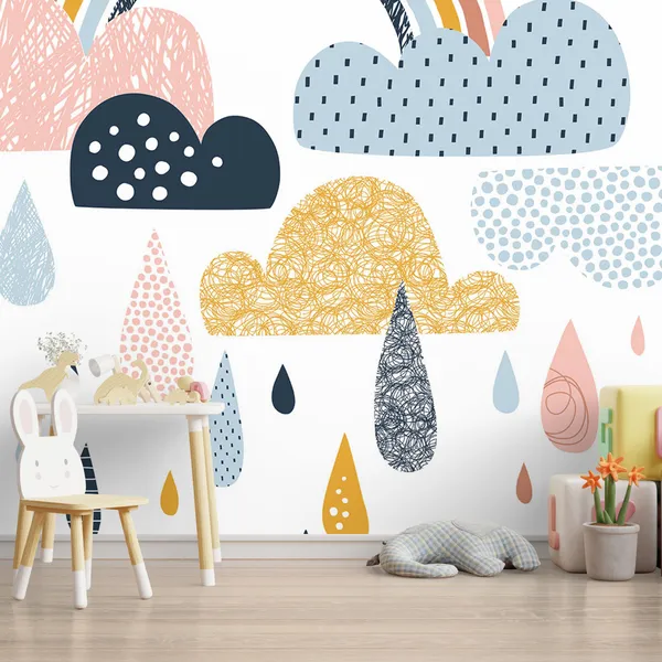 Cute_doodle_vector_rainbow_with_rainy_clouds_Mural_Wallpaper.