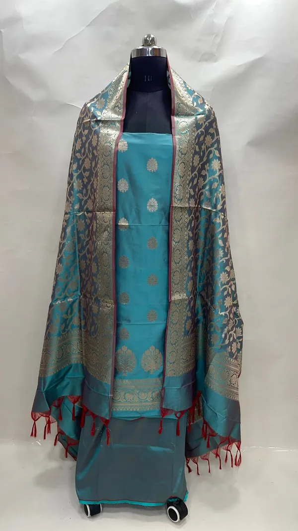 Humairah_Present_Sea_Green_Katan_Silk_Golden_Zari_Booti_3pcs_Suit_Set_accompanied_with_Plain_Bottom_and_Sea_Green_Golden_Jaal_Katan_Silk_Dupatta