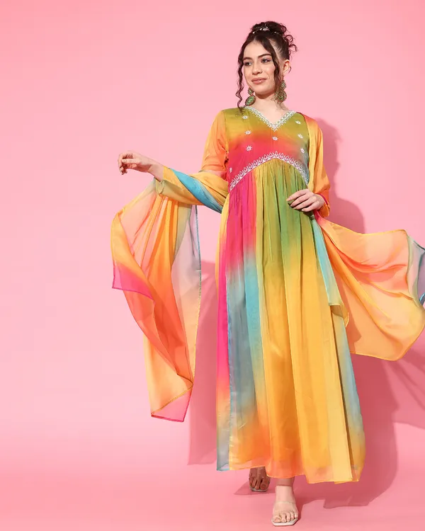 Multi_Coloured_Organza_Tie_&_Dye_Printed_Cording_Sequence_A_Line_Gown_With_Dupatta