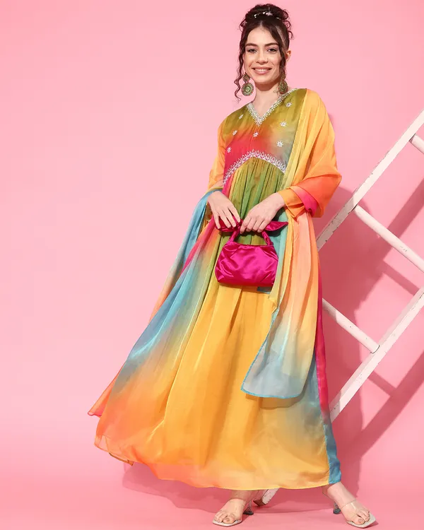 Multi_Coloured_Organza_Tie_&_Dye_Printed_Cording_Sequence_A_Line_Gown_With_Dupatta