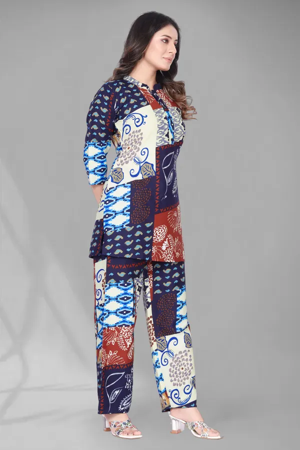 Blue_Printed_Polyester_3/4_Sleeve_V-Neck_Co-Ords_For_Women