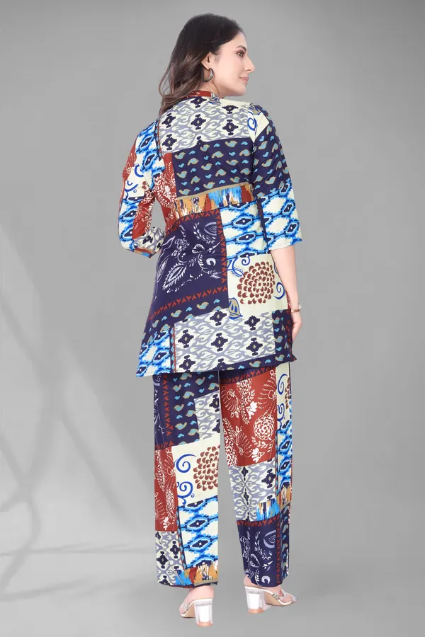 Blue_Printed_Polyester_3/4_Sleeve_V-Neck_Co-Ords_For_Women
