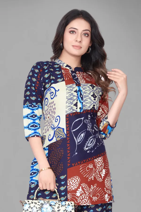 Blue_Printed_Polyester_3/4_Sleeve_V-Neck_Co-Ords_For_Women