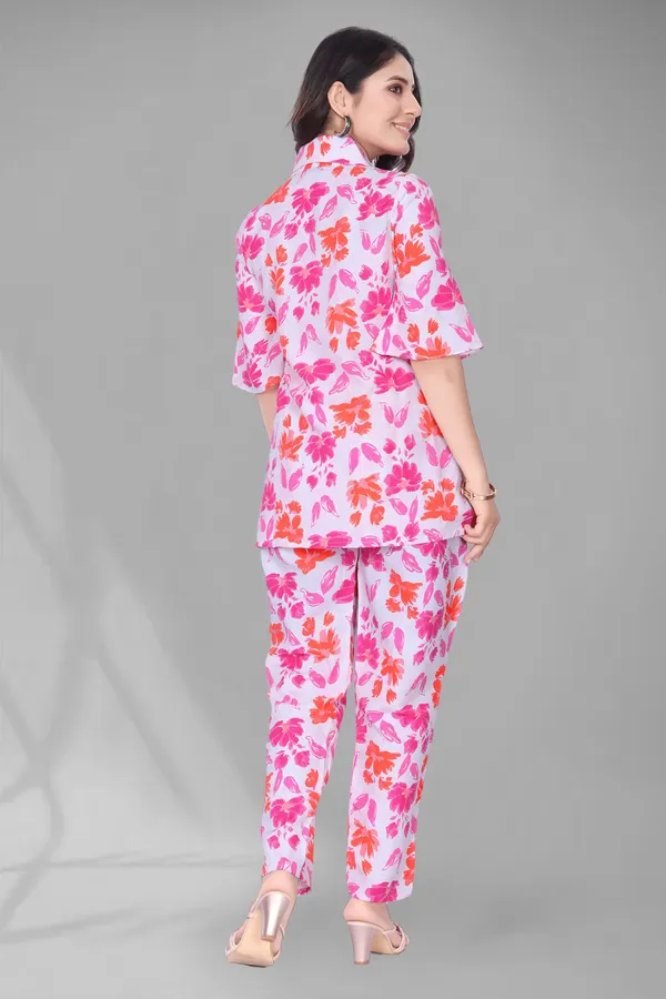 Pink_Printed_Polyester_3/4_Sleeve_V-Neck_Co-Ords_For_Women