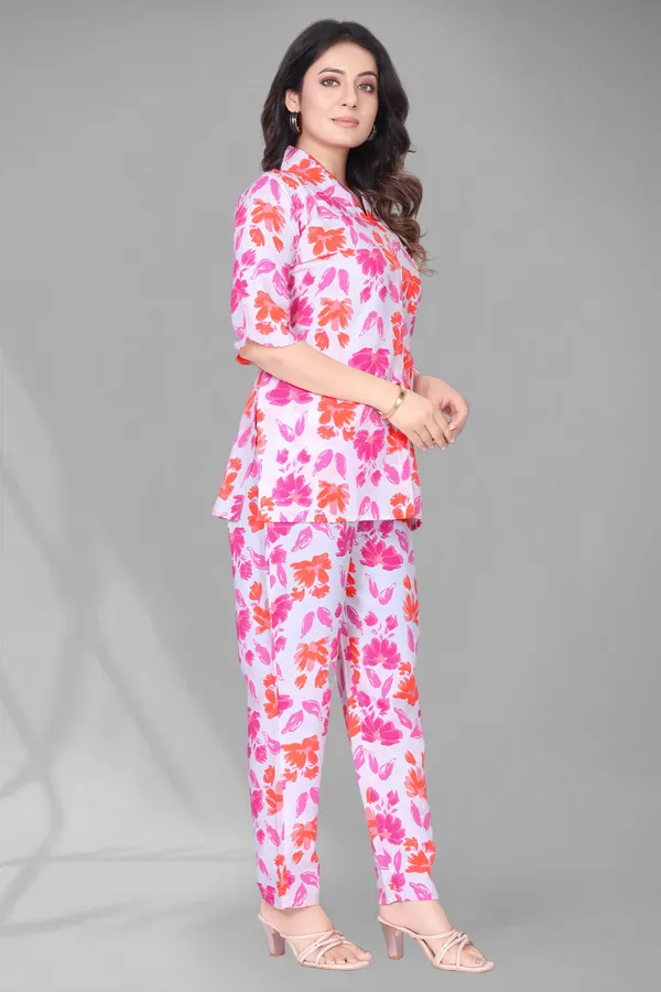 Pink_Printed_Polyester_3/4_Sleeve_V-Neck_Co-Ords_For_Women