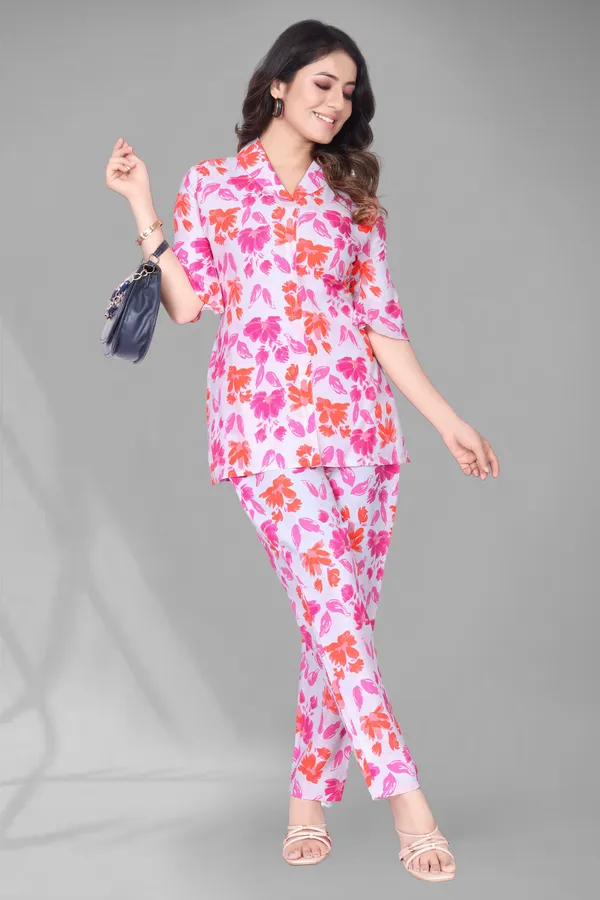 Pink_Printed_Polyester_3/4_Sleeve_V-Neck_Co-Ords_For_Women