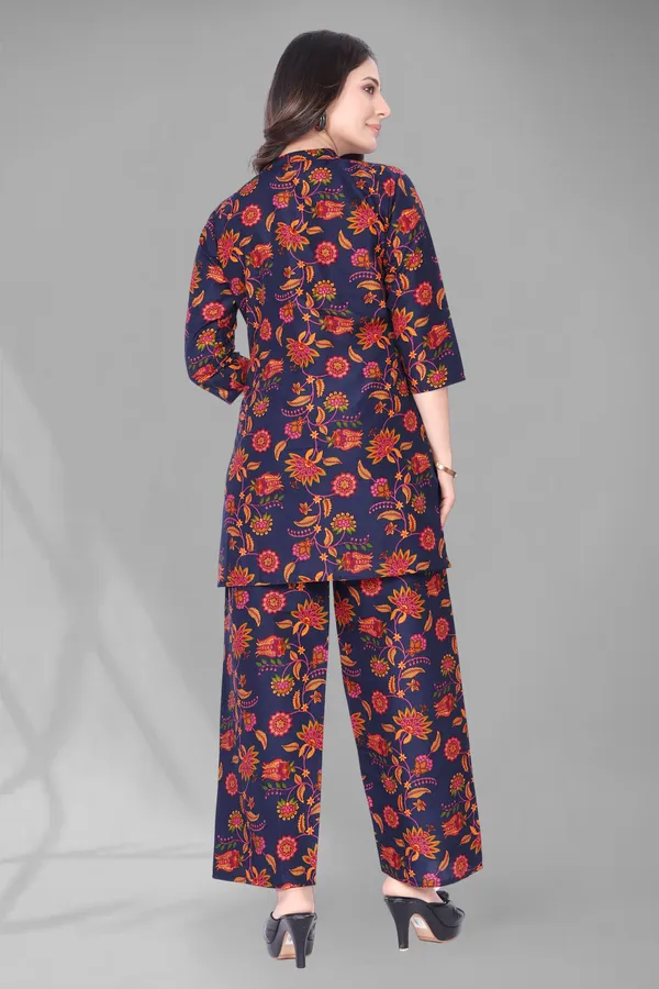 Dark_Blue_Printed_Polyester_3/4_Sleeve_V-Neck_Co-Ords_For_Women