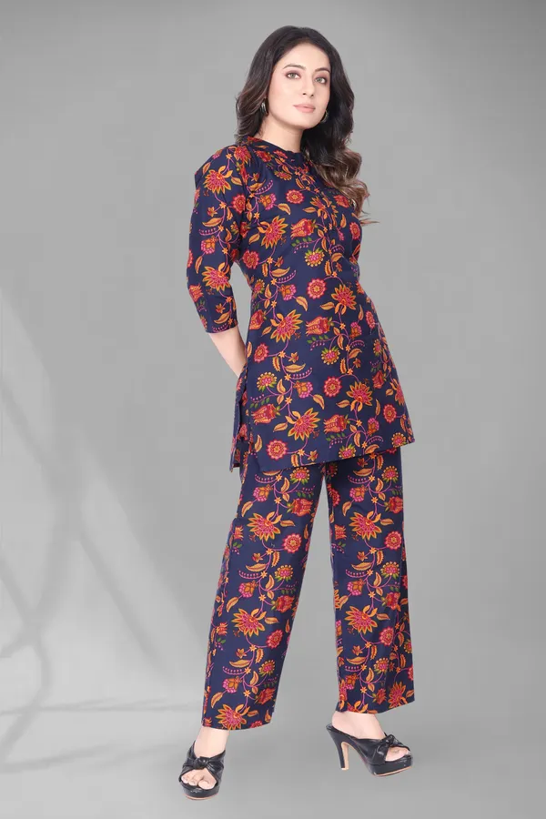 Dark_Blue_Printed_Polyester_3/4_Sleeve_V-Neck_Co-Ords_For_Women
