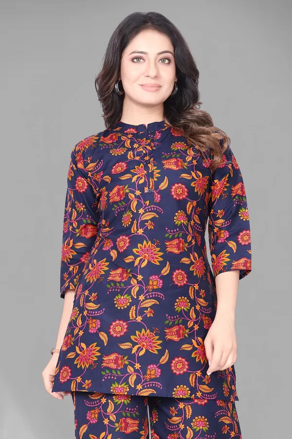 Dark_Blue_Printed_Polyester_3/4_Sleeve_V-Neck_Co-Ords_For_Women