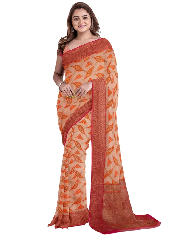 Peach_Cotton_Blend_Banarasi_Sarees_For_Women