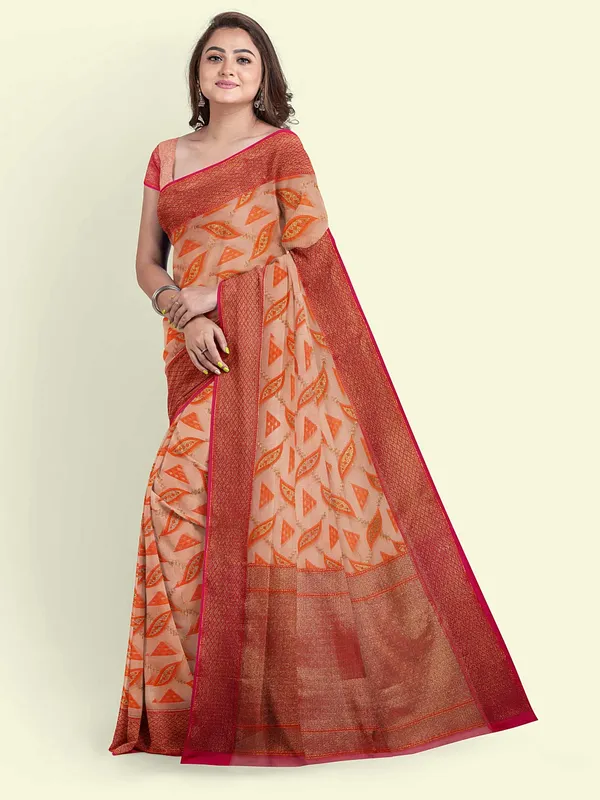 Peach_Cotton_Blend_Banarasi_Sarees_For_Women