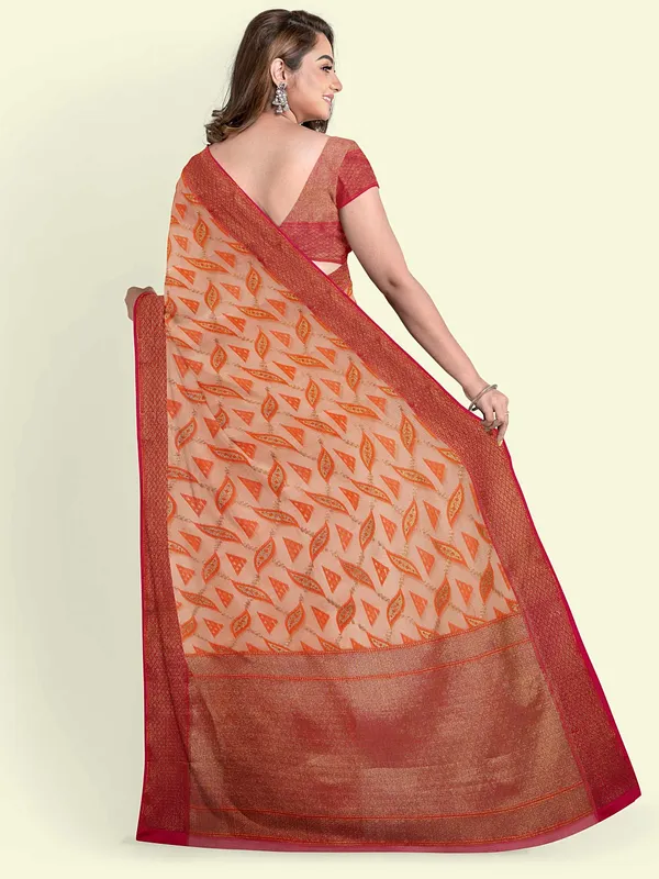 Peach_Cotton_Blend_Banarasi_Sarees_For_Women