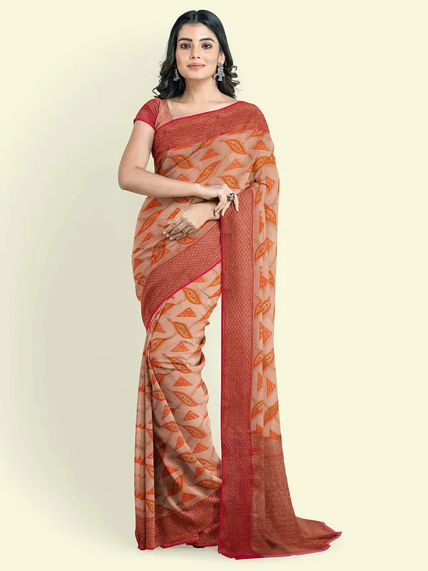 Peach_Cotton_Blend_Banarasi_Sarees_For_Women