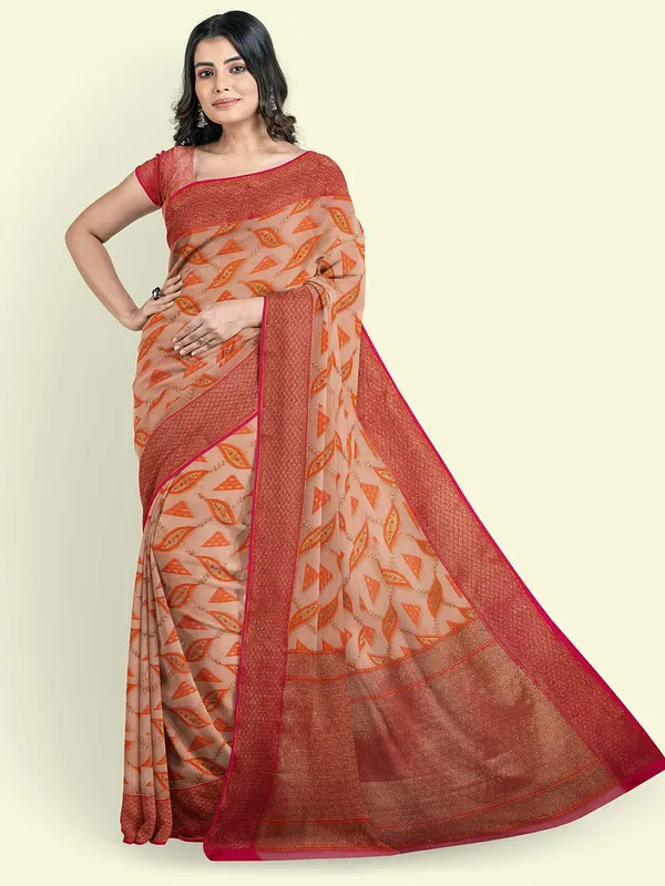 Peach_Cotton_Blend_Banarasi_Sarees_For_Women