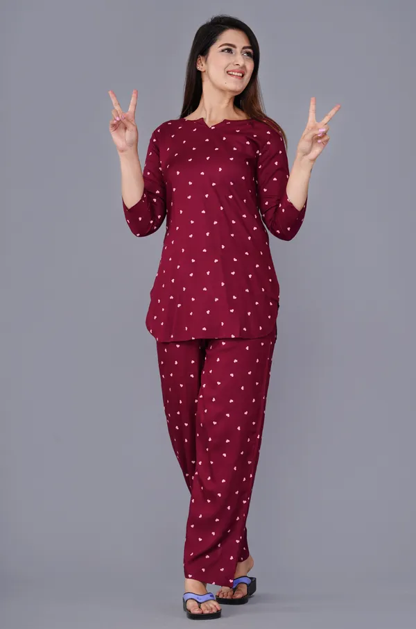 Polka_Dot_Printed_Rayon_Maroon_Night_Suit