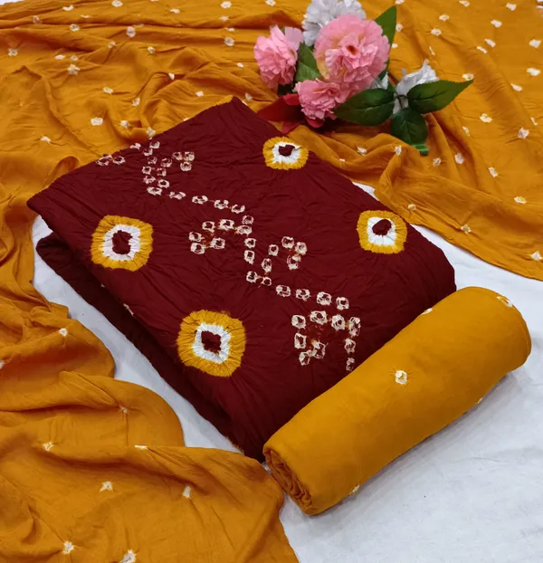 Divya_Pure_Rayon_Unstitched_Hand_Bandhej_Bandhani_Dress_Material_|_4.25_Meter_Top_&_Bottom_With_2_Meter_Dupatta