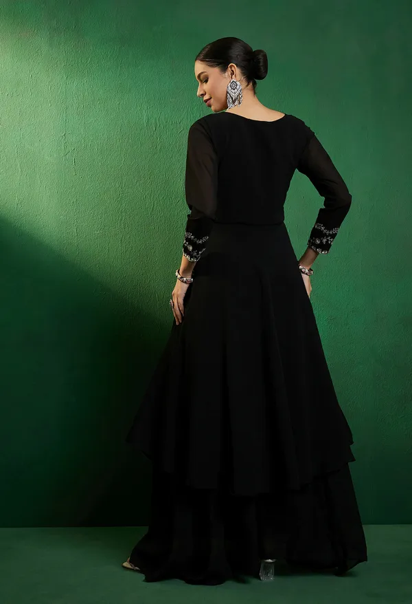 Black_Georgette_Zari_Sequence_Embroidered_Alia_Cut_Kurta_With_Solid_Flaired_Palazzo
