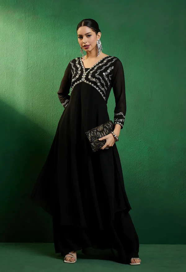 Black_Georgette_Zari_Sequence_Embroidered_Alia_Cut_Kurta_With_Solid_Flaired_Palazzo