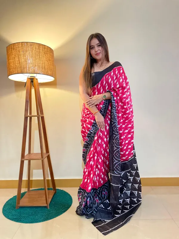 Ikkat_Print_Pure_Soft_Cotton_saree_With_Blouse_Piece