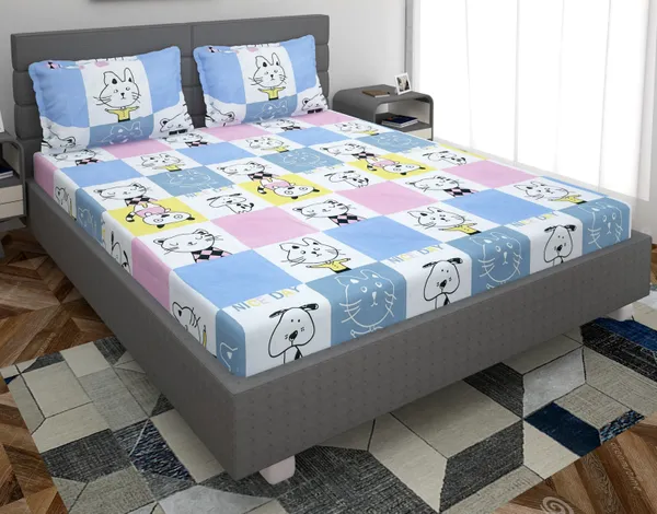 220TC_Kitties_Multicolor_Double_Bed_100%_Cotton_Flat_Bedsheet_with_2_Pillow_Cover_(90x100_inches)