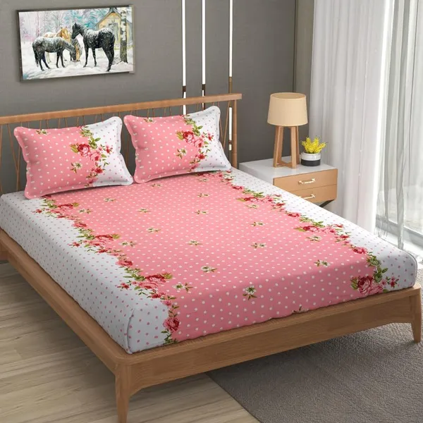 220TC_Pink_Polka_Double_Bed_100%_Cotton_Flat_Bedsheet_with_2_Pillow_Cover_(90x100_inches)