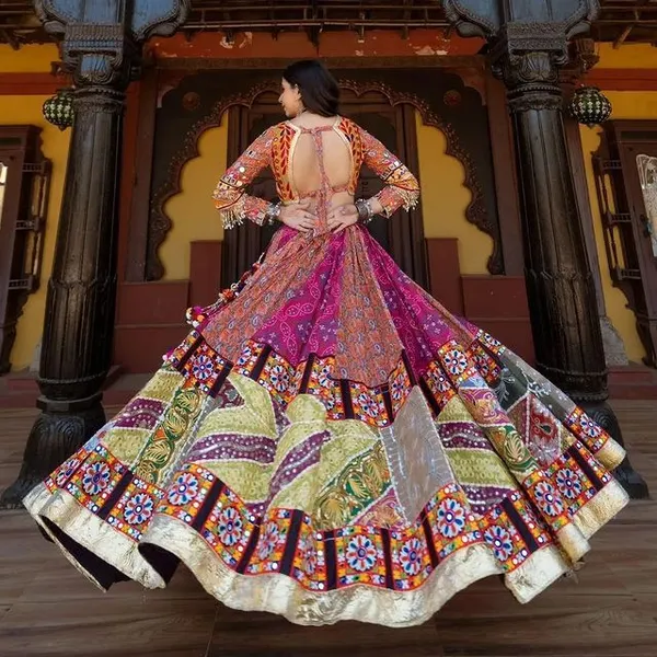 Multi_Mustard_Lehenga_Choli_With_Mirror_Work_And_Attached_Black_Dupatta