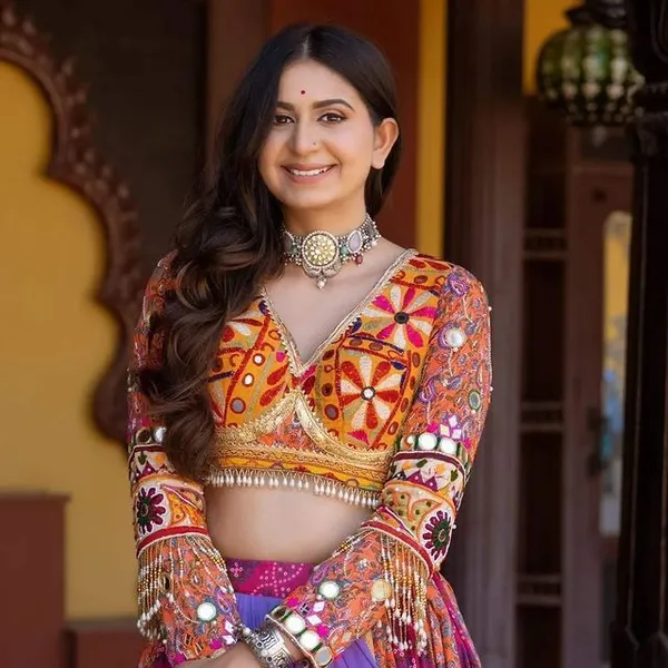 Multi_Mustard_Lehenga_Choli_With_Mirror_Work_And_Attached_Black_Dupatta
