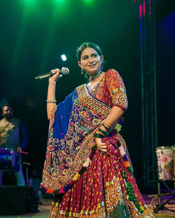 Light_Brown_Light_Brown_Lehenga_Choli_With_Mirror_Work_And_Attached_Blue_Dupatta