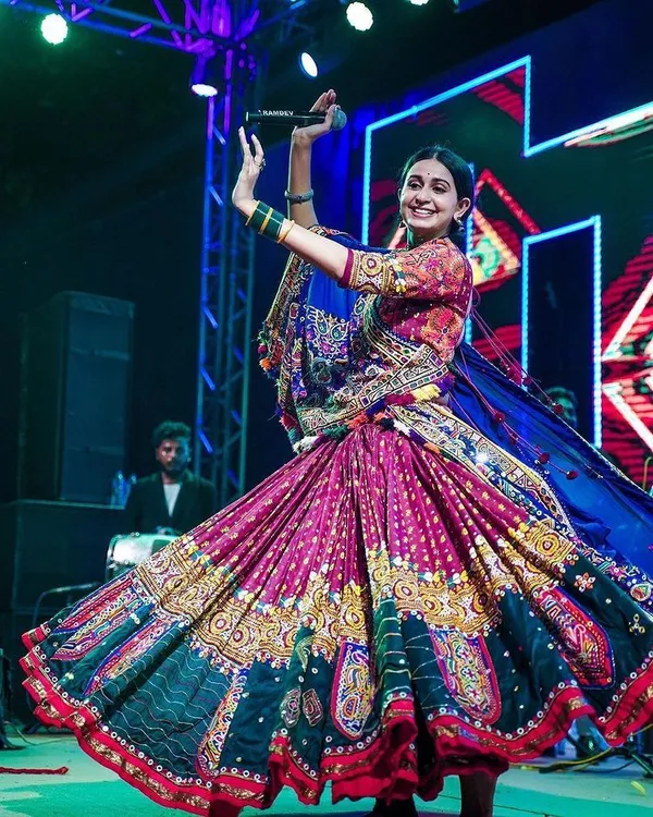 Light_Brown_Light_Brown_Lehenga_Choli_With_Mirror_Work_And_Attached_Blue_Dupatta