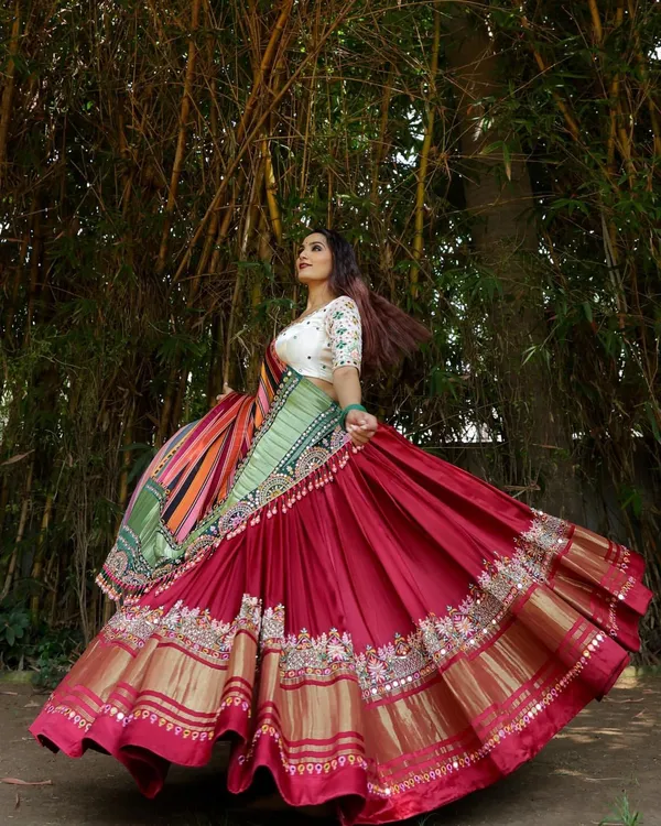 Maroon_White_Lehenga_Choli_With_Mirror_Work_And_Attached_Multi_Dupatta