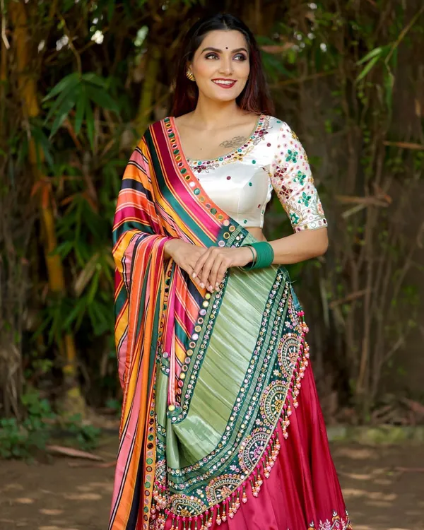Maroon_White_Lehenga_Choli_With_Mirror_Work_And_Attached_Multi_Dupatta