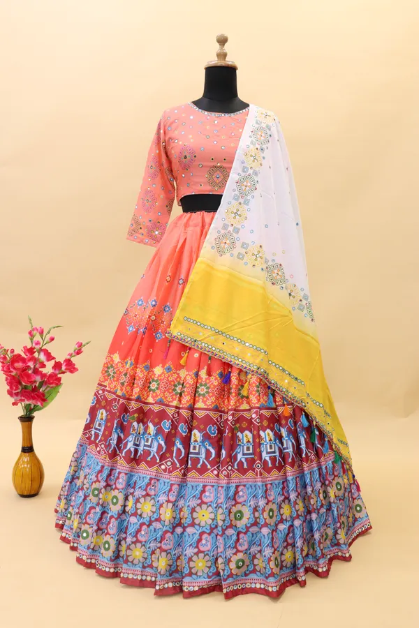 Peach_Lehenga_Choli_With_Mirror_Work_And_Attached_White_Dupatta