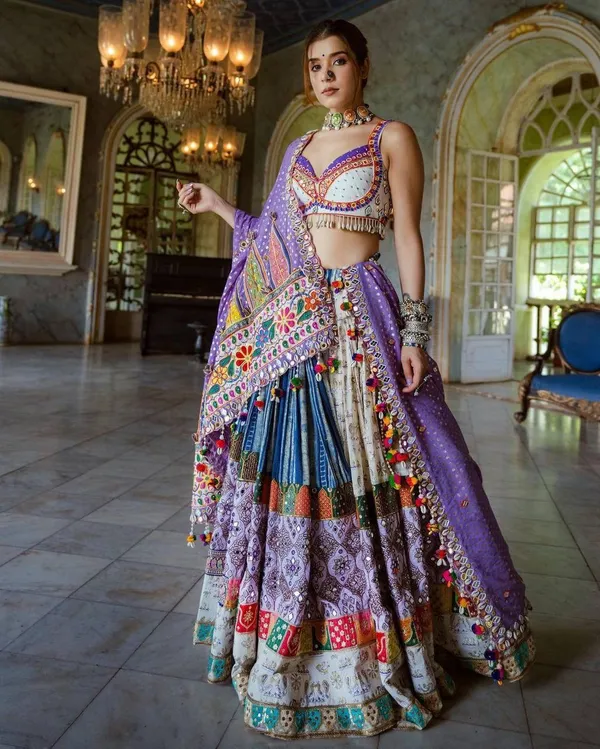 White_White_Lehenga_Choli_With_Mirror_Work_And_Attached_Light_Purple_Dupatta