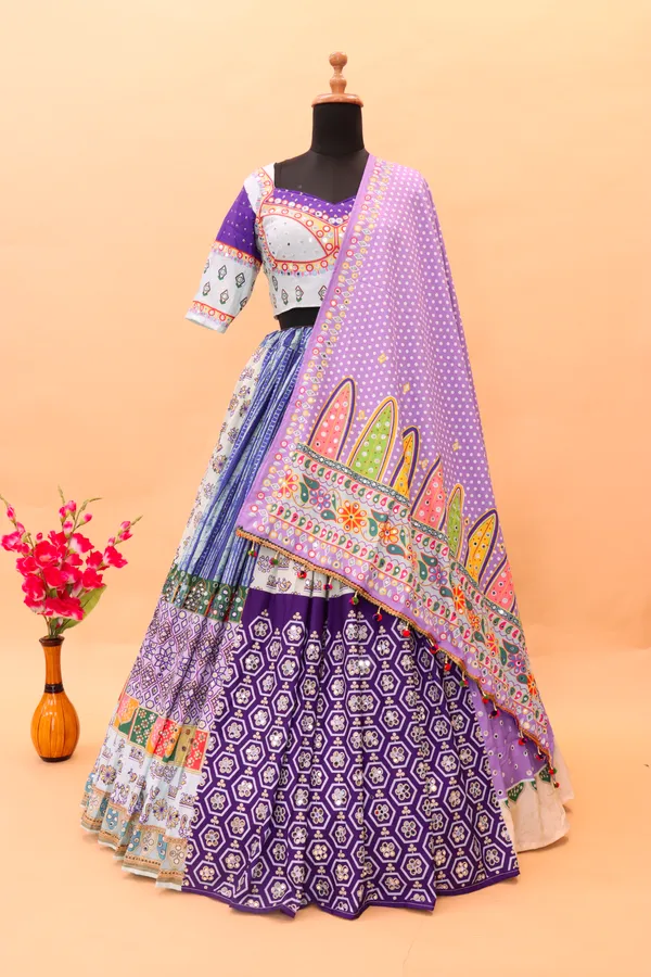 White_White_Lehenga_Choli_With_Mirror_Work_And_Attached_Light_Purple_Dupatta