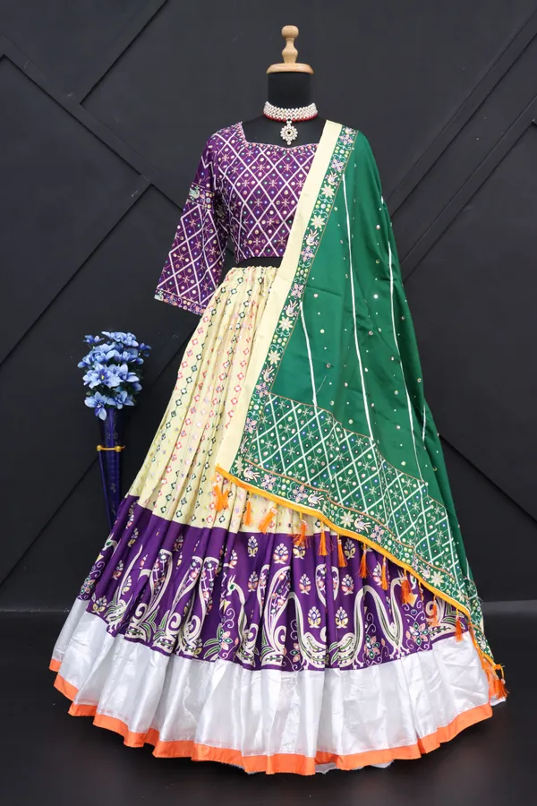Cream_Purple_Lehenga_Choli_With_Mirror_Work_And_Attached_Green_Dupatta