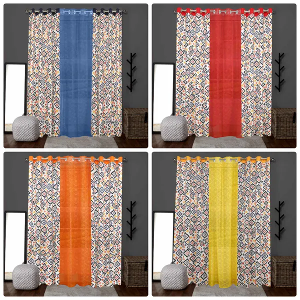 Pack_of_3_Cotton_Yellow_Multi_Star_Printed_With_Floral_Net_Eyelet_Curtain_Set_for_Window_and_Door